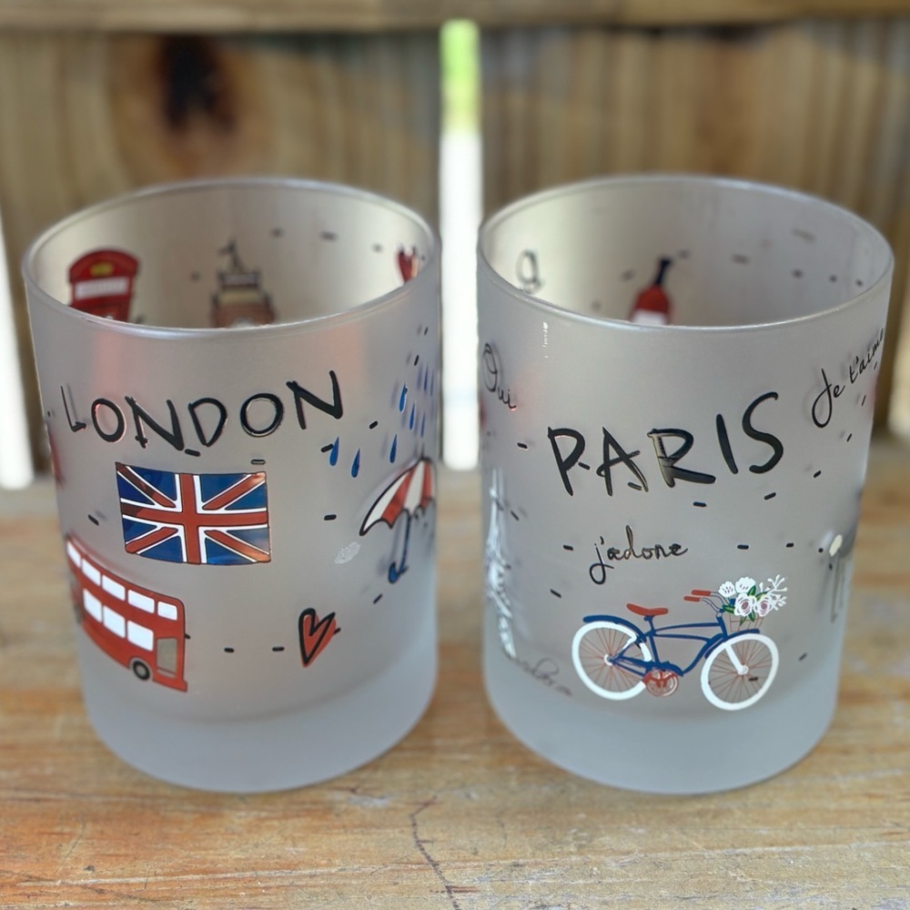 Set of 2 Paris & London Theme Hand Painted Frosted Glasses Size 12oz